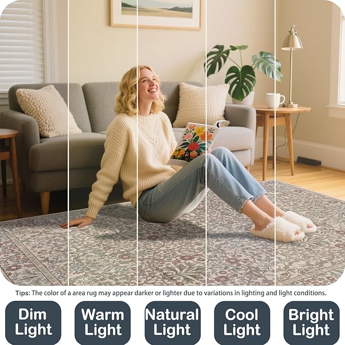Vintage Moss Living Room Rug, 6x9 Washable Area Rugs - Image 2