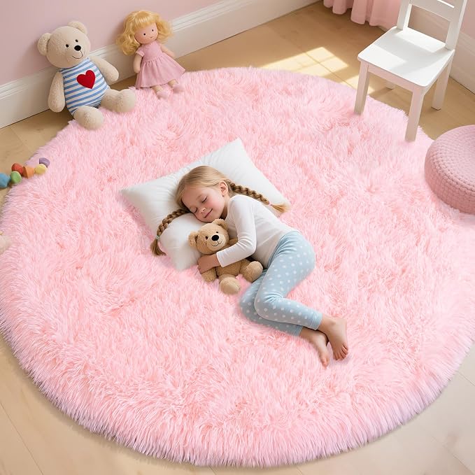 Round Pink Rug for Bedroom, 6 ft Circle Area Rugs for Living Room, Soft Fluffy by WISHTREE