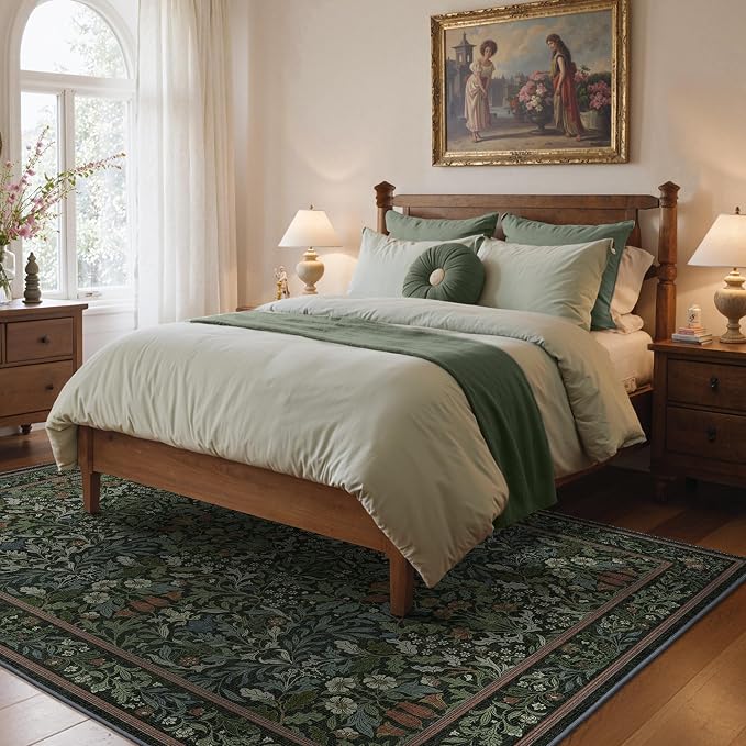 GENIMO Area Rugs 5x7 Washable, Dark Green Non Slip Vintage Boho Floral Carpet - Image 4