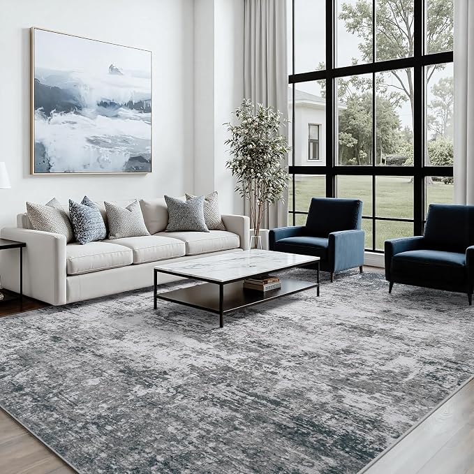 Area Rug 9x12 Living Room Rug Washable: No-Slip Abstract Soft Thin Large Gray - Image 4