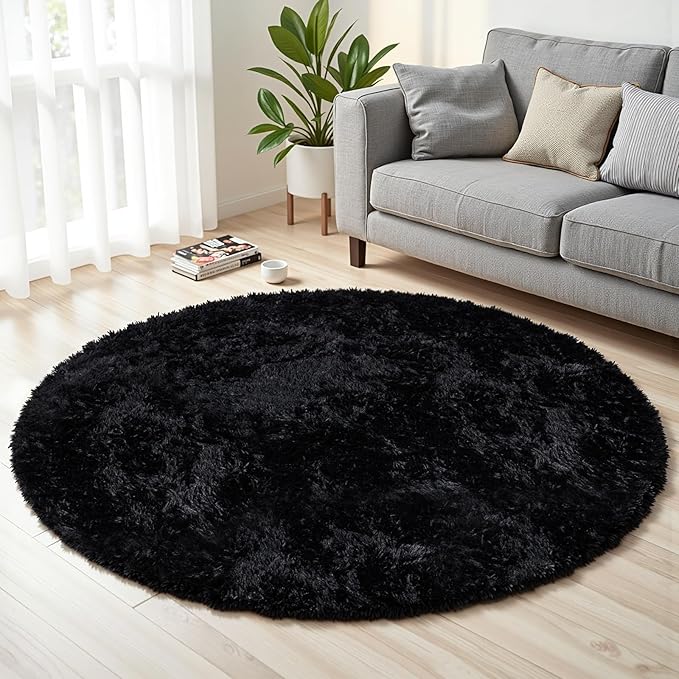 Black Round Fluffy Rug 5ft Plush Fuzzy Shaggy Carpet, Soft Rugs by Unknown