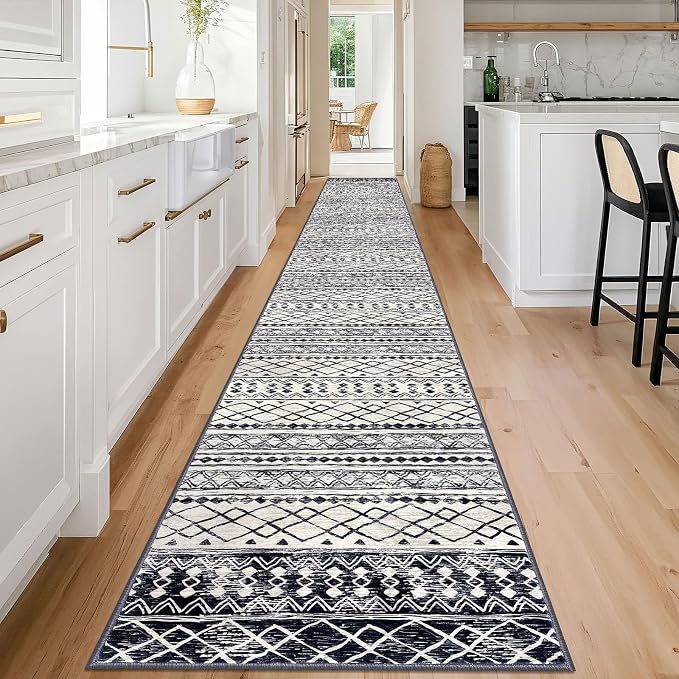 KUTA Moroccan Washable Runner Rug 2.6x18 Non-Slip Vintage Black Navy Blue Boho - Image 3