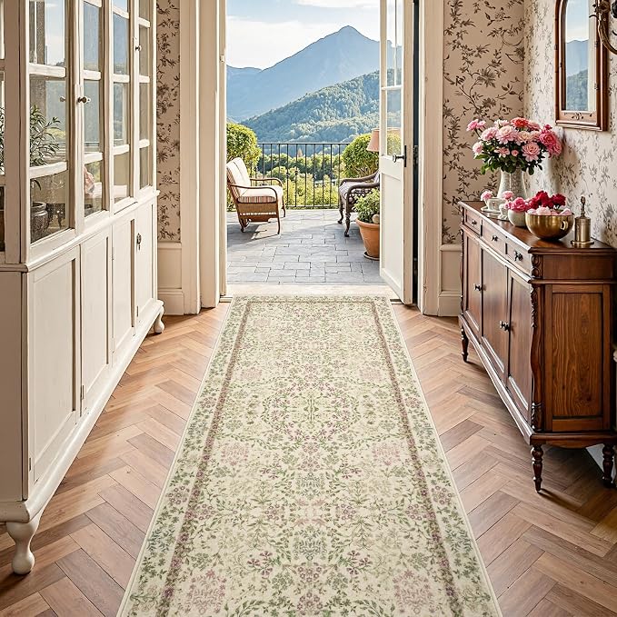 jinchan Zenith Floral Runner Rug 3x10 Washable Kitchen Runner Non-Slip Low-Pile - Image 3