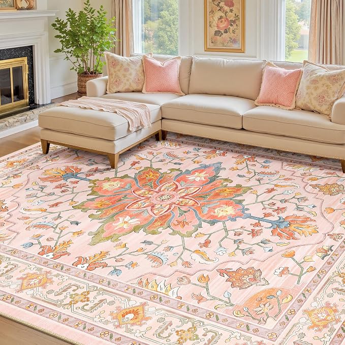 RELEANY Area Rugs 8'x10' Washable Non-Slip, Floral Vintage Distress Medallion - Image 2