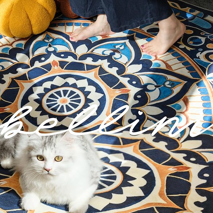 jinchan Mandala Round Rug 5ft Blue Boho Washable Rug Moroccan 5' Round Modern - Image 3