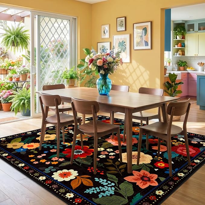 RELEANY Floral Square 6ft Area Rugs Washable Print Boho Cute Carpet Non Slip - Image 2