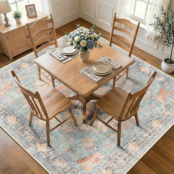 RELEANY Area Rugs Square 7ft Washable Non-Slip, Floral Vintage Distress by RELEANY