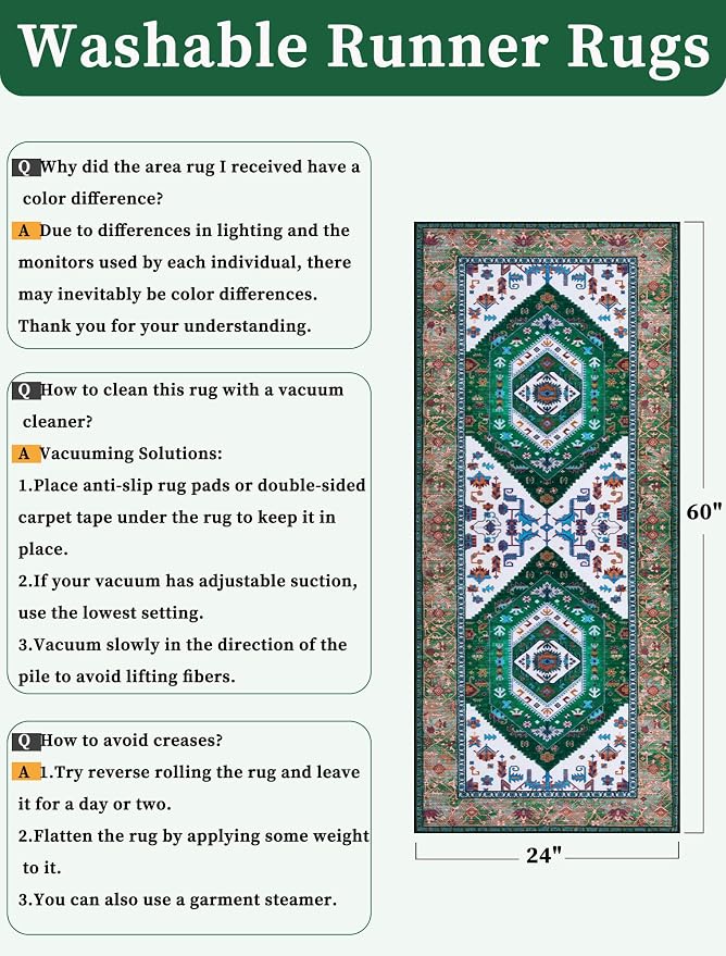 SERISSA Boho Washable Runner Rug, 2x5 Rug Runner Non-Slip Vintage Green White - Image 6