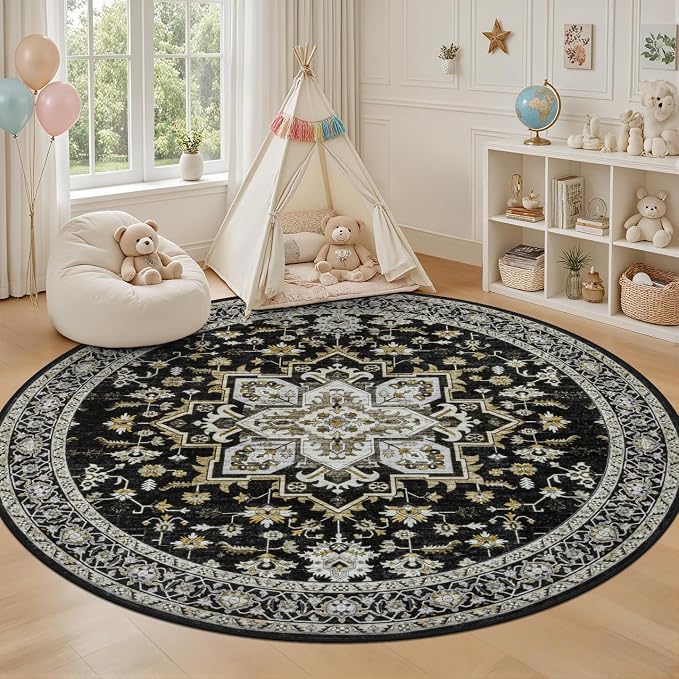 Round Area Rug for Living Room: 4 ft Washable Vintage Boho Soft Thin Circle Rug - Image 5