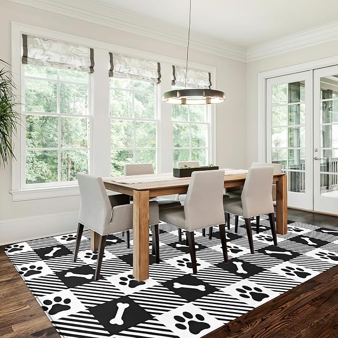 Area Rugs Paw Bone Plaid Modern Neutral Large Living Room Carpet Checkered Dog - Image 5