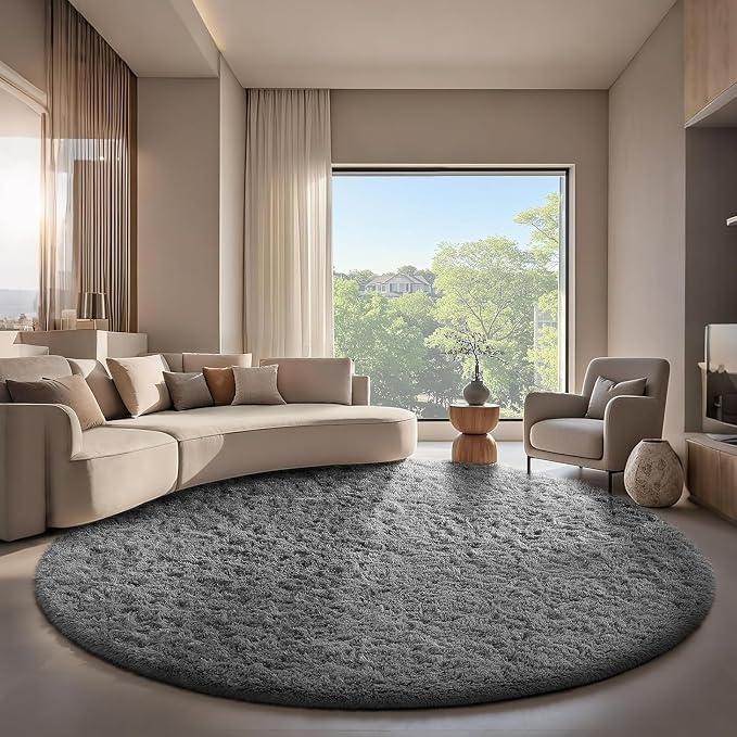 Ophanie Round Rug 7Ft Grey Circle Area Rugs, Large Fluffy Fuzzy Living Room - Image 5
