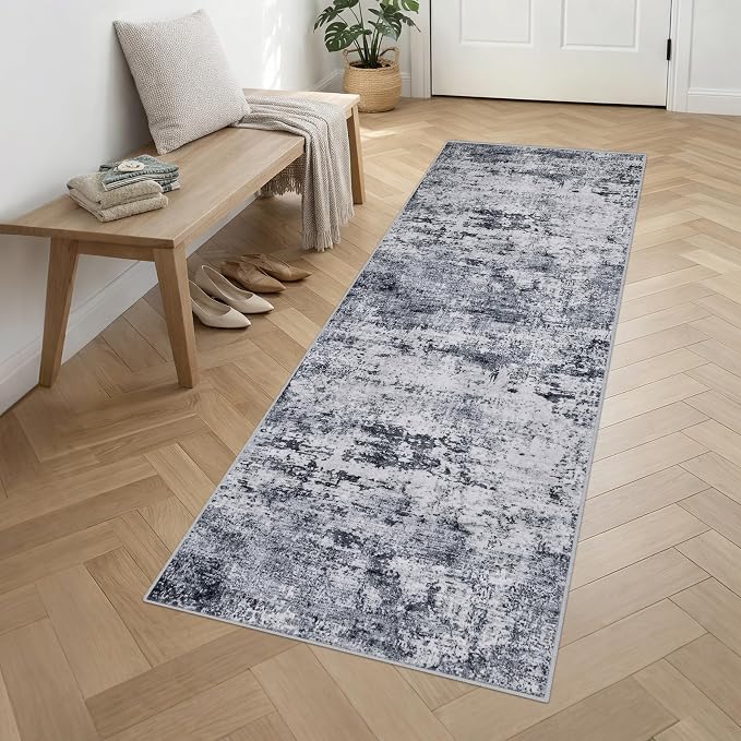 2.6'x10' Runner Rug Washable Rug: Modern Abstract Soft Thin Runner Rug Grey - Image 3