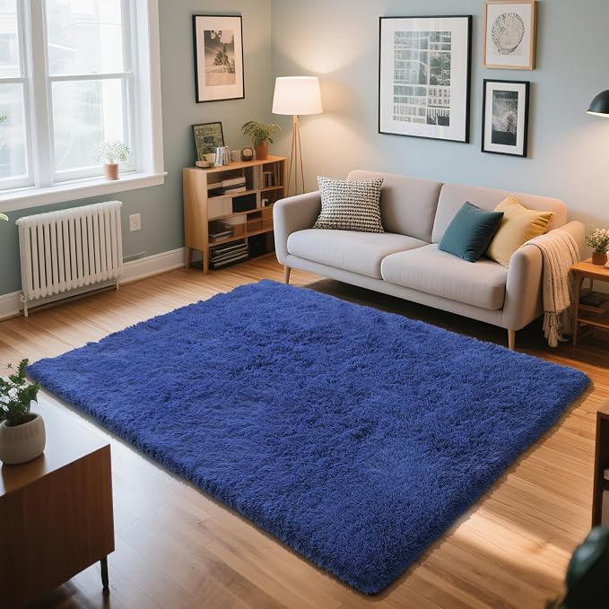 Blue Fluffy Rug Shag Area Rug, 5x8 Area Rugs - Image 2