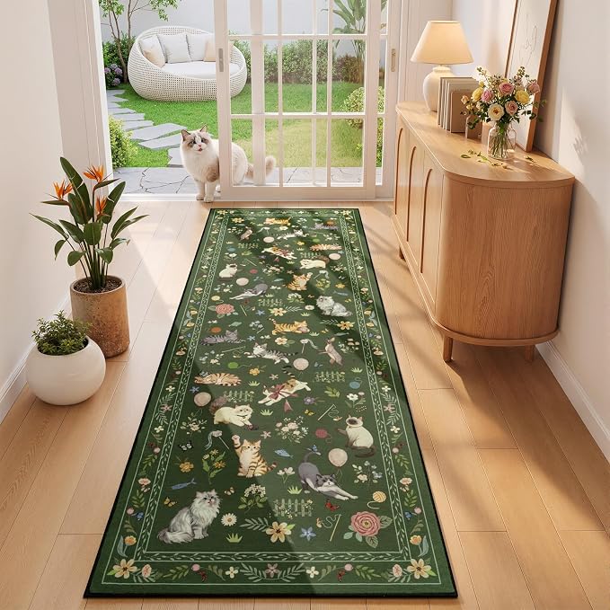 Unirea 2.6x8 Dark Green Cat Runner Rug, Washable Non Slip Botanical Rug - Image 3