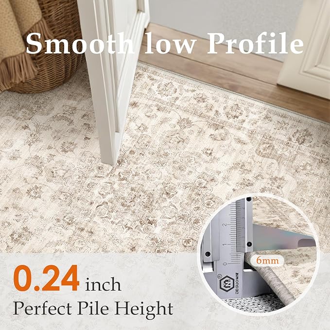 3x3 Washable Neutral Round Rug Beige Vintage Entryway Kitchen Cirlce Rug - Image 8