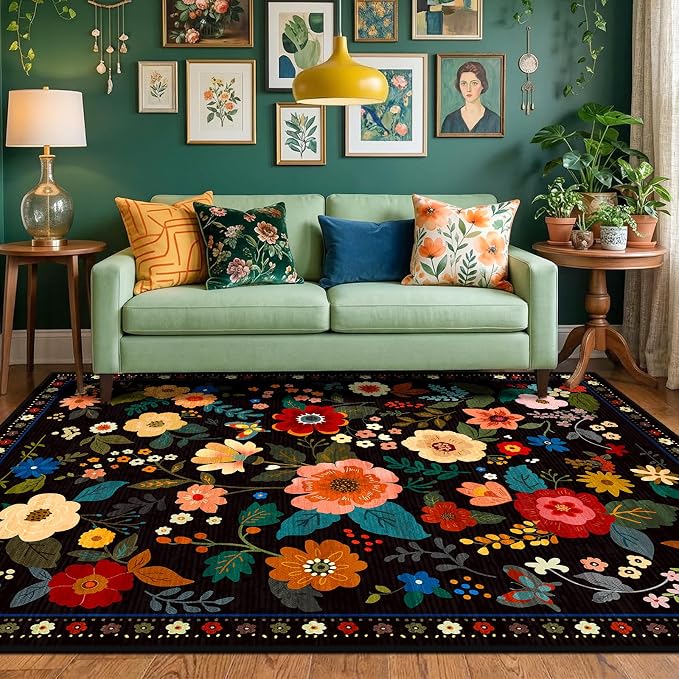 RELEANY Floral 5x7 Area Rugs Washable Print Boho Cute Carpet Non Slip Flower - Image 2