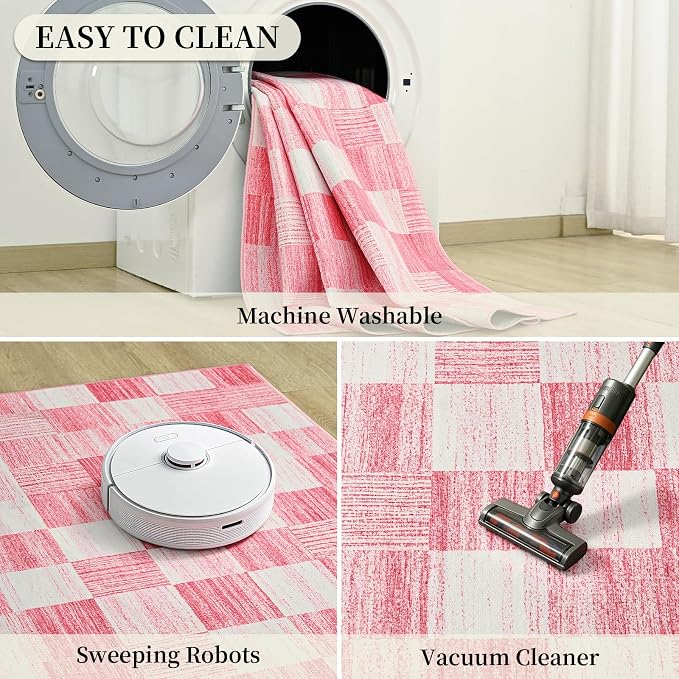 Terrug Pink Checkered Rug for Bedroom, 4x6 Area Rugs Washable - Image 6
