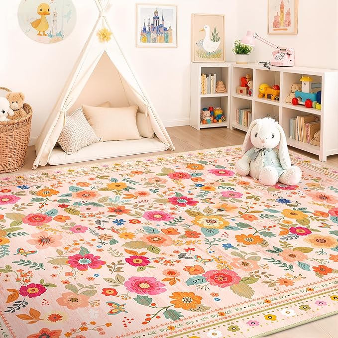 5x7 Area Rugs, Washable Floral Rug, Low Pile Non-Slip Carpet, Flower Rug - Image 3