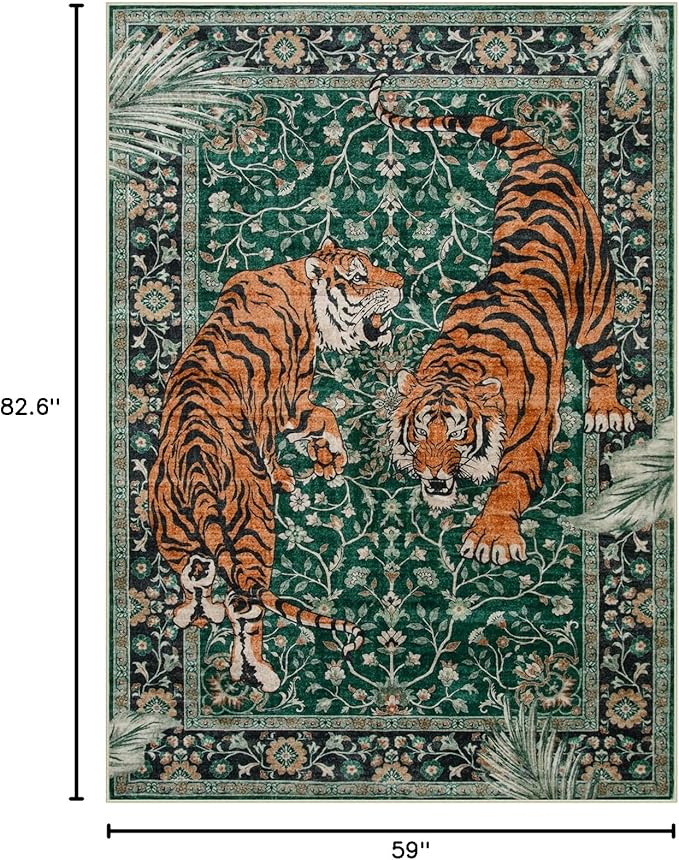 Moynesa Tiger 5x7 Area Rug, Boho Washable Living Room Rug, Non Slip Green Rugs - Image 2
