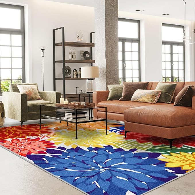 Outdoor Area Rug Washable Multicolored Patio Rug Tropical Botanical Modern - Image 3