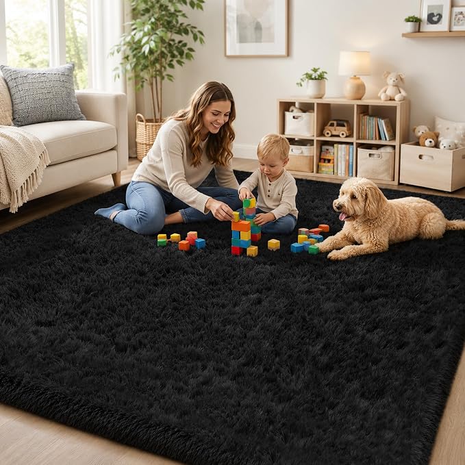 Area Rug for Living Room Bedroom: 6x9 Black Soft Fluffy Shag Upgrade Non-Slip - Image 9