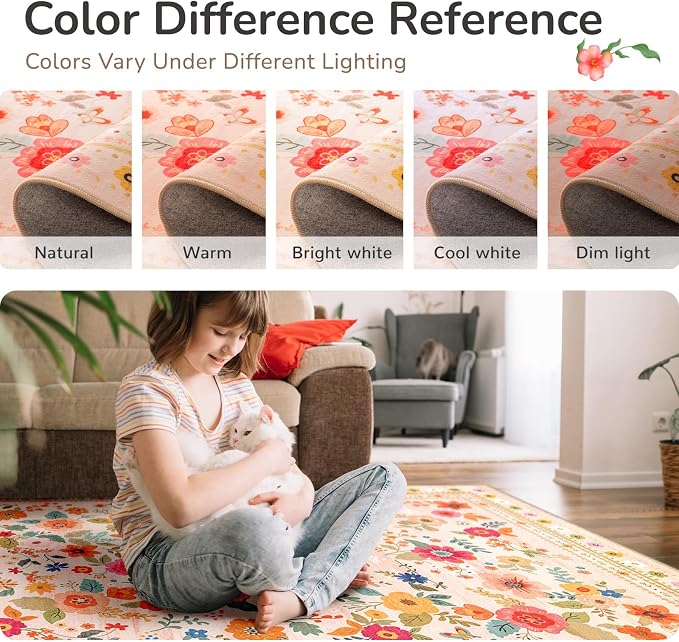 5x7 Area Rugs, Washable Floral Rug, Low Pile Non-Slip Carpet, Flower Rug - Image 7