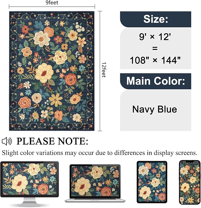 DUKINO 9x12 Area Rug, Floral Rugs - Image 2