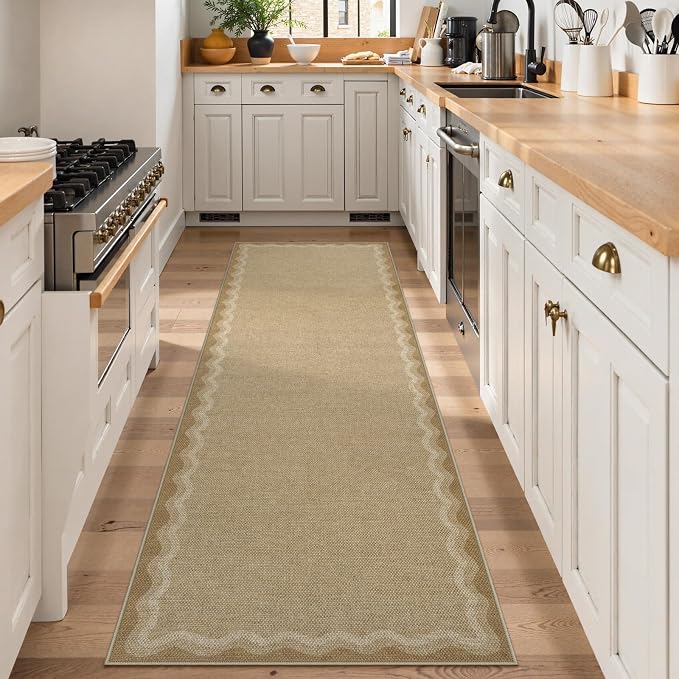 LIVEBOX Scalloped Washable 2x8 Kitchen Runner Rug, Easy Jute Geometric Tan Rug - Image 2