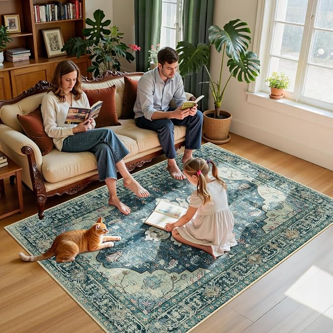RELEANY Area Rugs 5'x7' Washable Non-Slip, Floral Vintage Distress Medallion - Image 3
