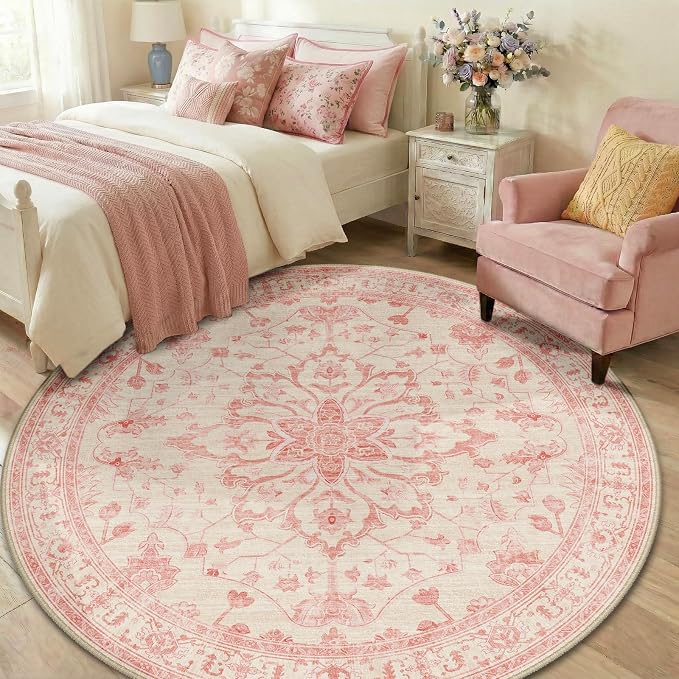 RELEANY Area Rugs Round 6ft Washable Non-Slip, Floral Vintage Distress - Image 3