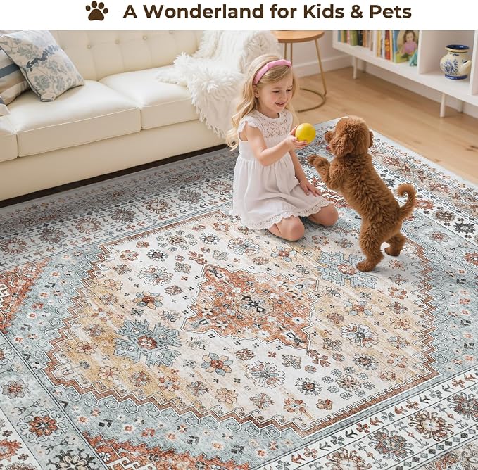 6x9 Washable Area Rugs, Large Living Room Rug, Vintage Boho Carpet, Non Slip & - Image 4