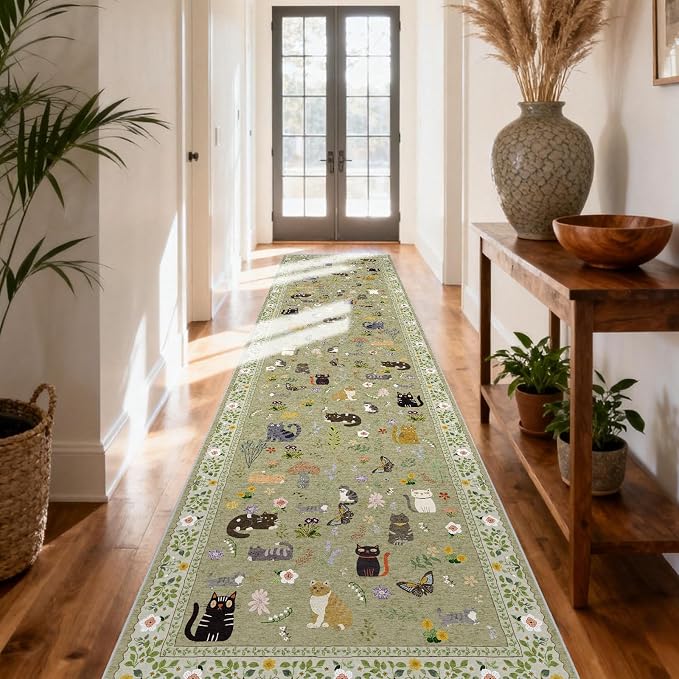 Washable 2x10 Hallway Runner Rug: Non Slip Soft Long Low Pile Animal Cat Print - Image 7