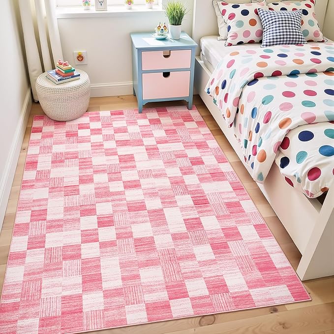 Terrug Pink Checkered Rug for Bedroom, 4x6 Area Rugs Washable by TerrugHomeDecor