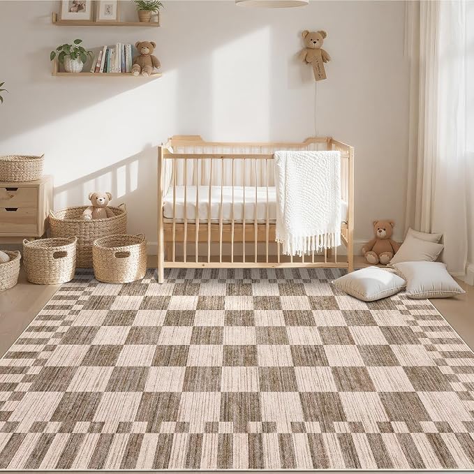 GarveeHome 9×12 Area Rugs for Living Room, Modern Brown Checkered Rug, - Image 3