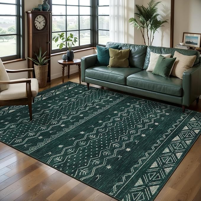 SERISSA 4x6 Area Rugs for Living Room, Washable Non-Slip Dark Green Boho Rug by SERISSAHomeDecorCollection