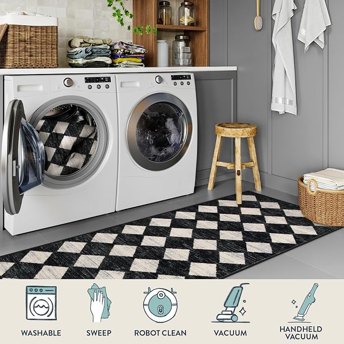 Checkered Kitchen Runner Rug 2x8 Black and White, Hallway Non Slip Washable - Image 4