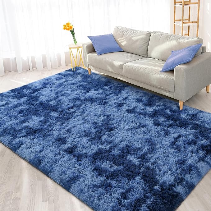 FlyDOIT Large Area Rugs for Living Room, 4x6 Feet Tie-Dyed Navy Blue Shaggy Rug - Image 8