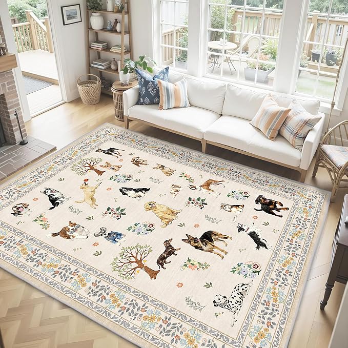 Washable Area Rug 8x10 Beige, Large Soft Dog Rugs - Image 2