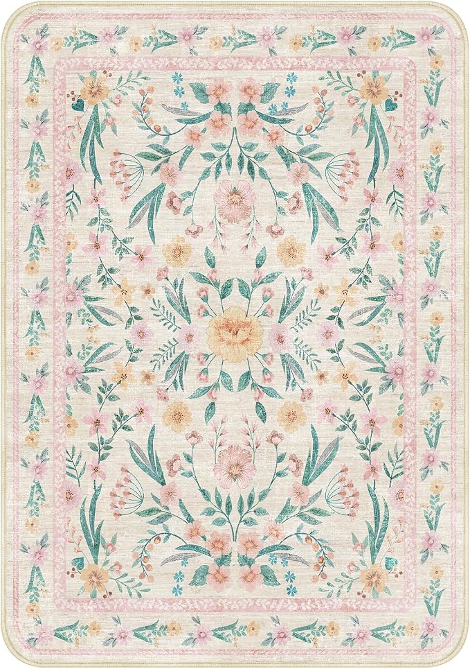 Pink Floral Rug 3x5 for Girls Bedroom, Washable Non-Slip Nursery Rug, Soft Cute - Image 2