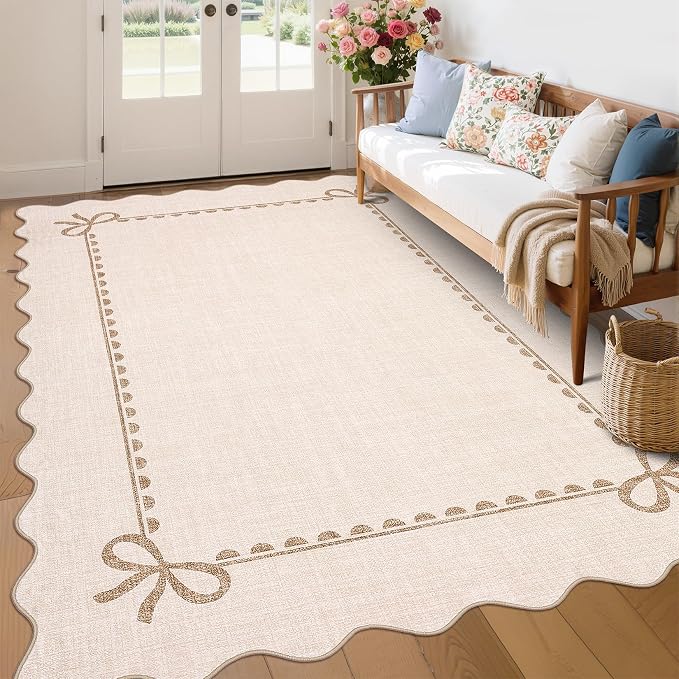 GarveeHome Scalloped Bow Rug for Living Room, Solid Beige Rug for Dorm - Image 8