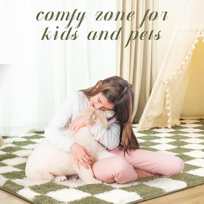 Super Soft Rug for Bedroom, 8x10 Ft Green and White Area Rug Classic Checkered - Image 6