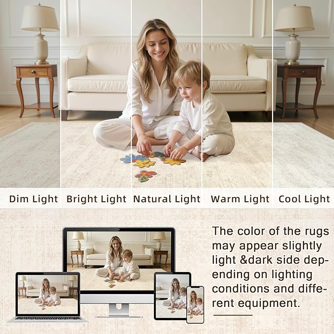 4x6 Area Rugs for Living Room: Vintage Boho Neutral Washable Rug Indoor Soft - Image 5