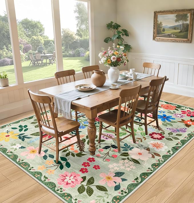 Area Rugs 9x12 Living Room: Floral Washable Rug Vintage Large Soft Boho - Image 4