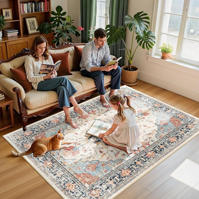 RELEANY Area Rugs 5'x7' Washable Non-Slip, Floral Vintage Distress Medallion - Image 3