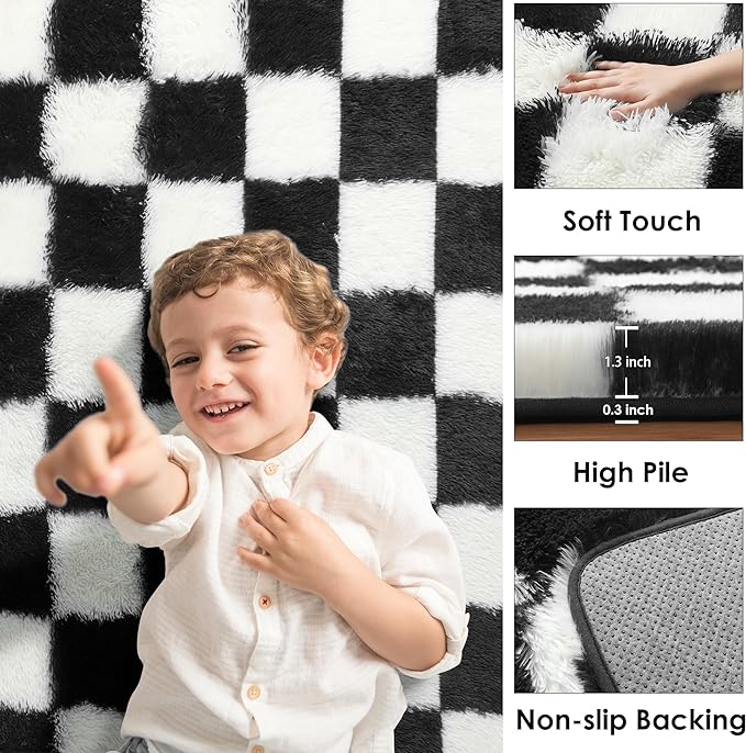 KICMOR 7x9 Area Rug for Living Room Bedroom, Large Black and White Checkered - Image 2