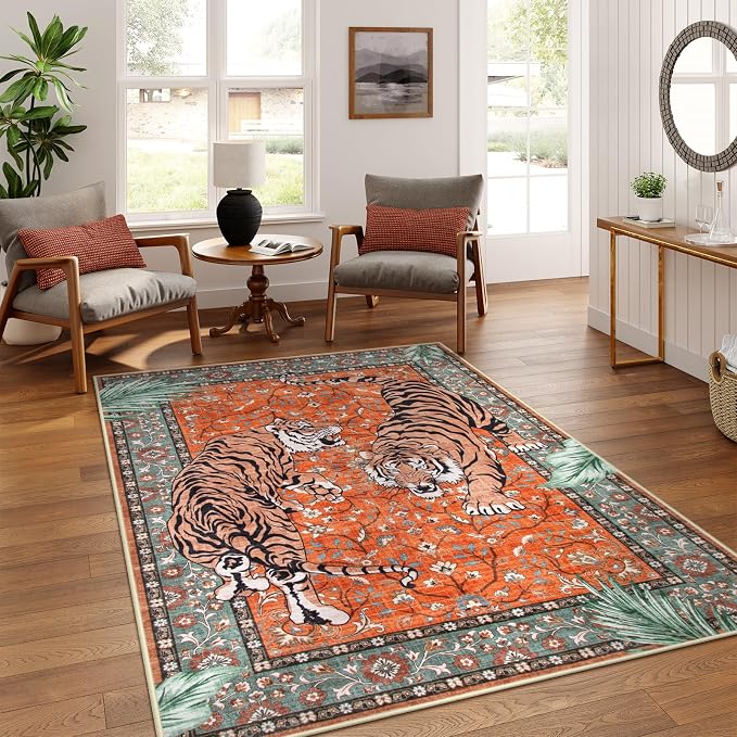 Moynesa Tiger 5x7 Area Rug, Boho Washable Living Room Rug, Non Slip Rugs by Moynesa