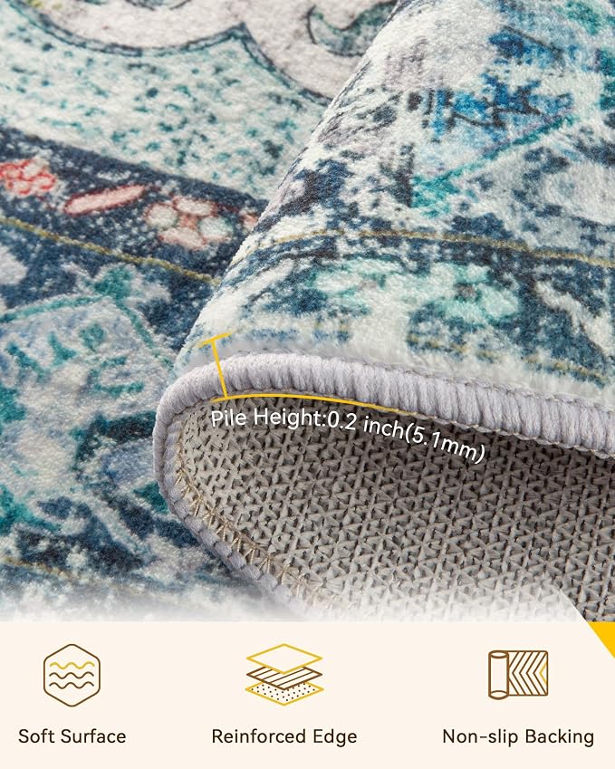 RELEANY Area Rugs Round 8ft Washable Non-Slip, Floral Vintage Distress - Image 4