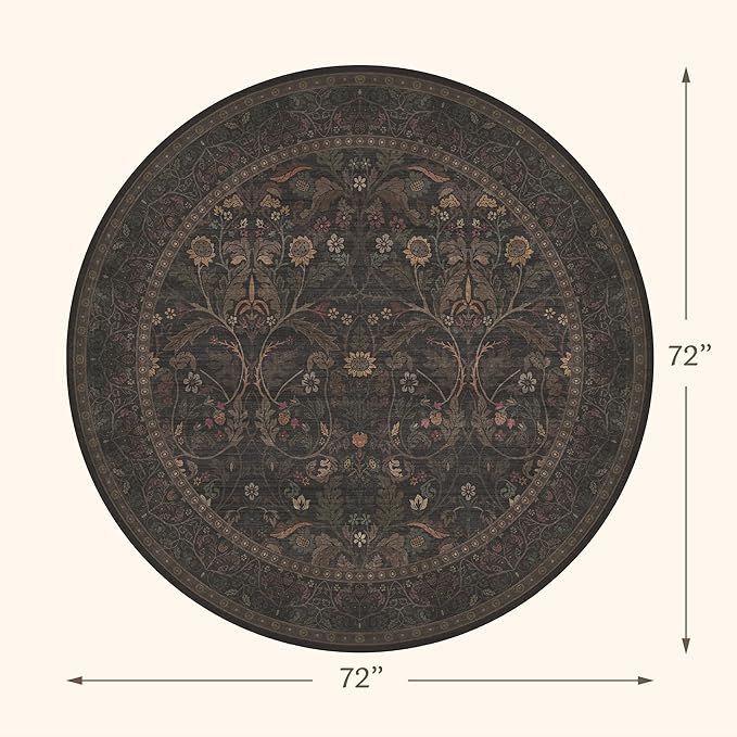 Brown Floral 6ft Round Rug for Living Room Kitchen Dining Room Under Table - Image 2
