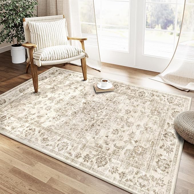 4x5 Washable Neutral Area Rug Beige Vintage Entryway Office Carpet Non-Slip - Image 3
