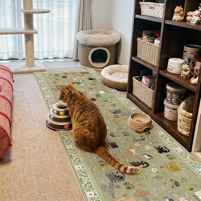 Washable 2x10 Hallway Runner Rug: Non Slip Soft Long Low Pile Animal Cat Print by Puino